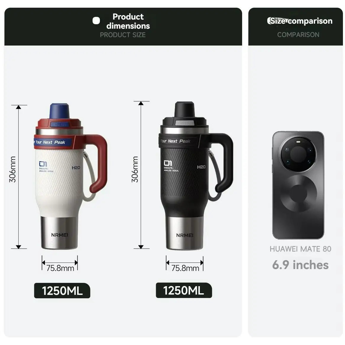 1250Ml Stainless Steel Ceramic Tumbler, 72 Hours Cold Ice Portable Thermal Insulated Water Bottle with Straw Large Capacity Cup